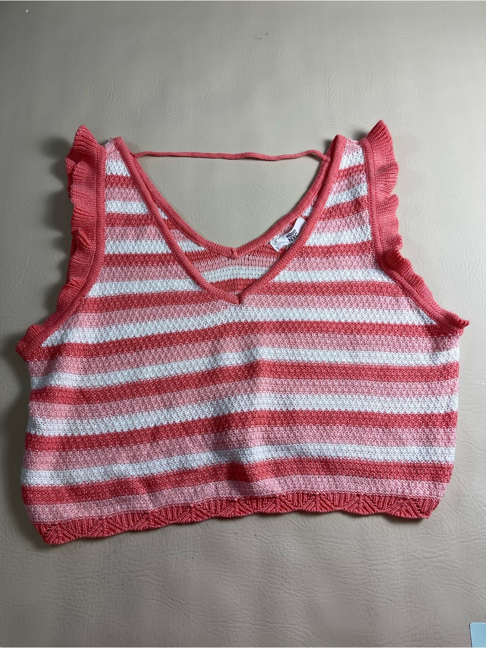 Striped Pink & White Knit Tank Top with Ruffle Shoulders